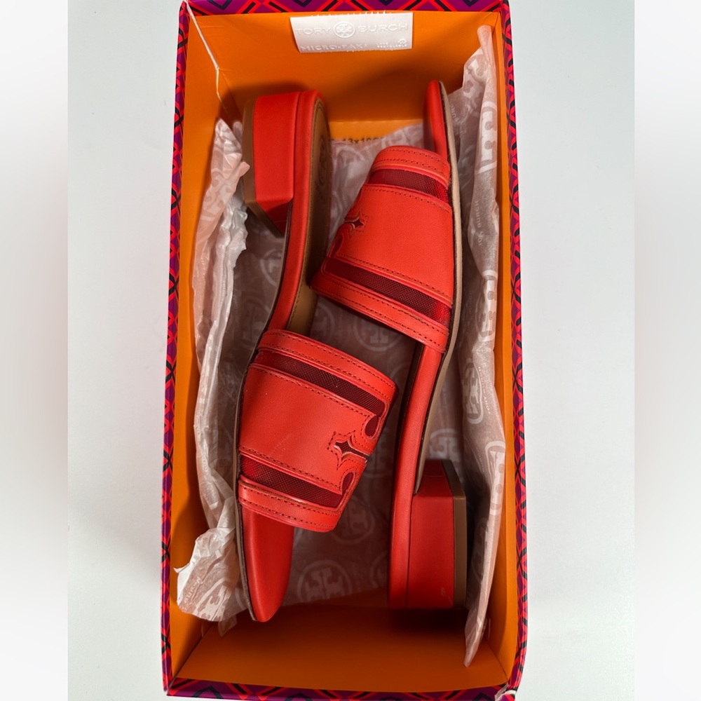 NIB Tory Burch Stitched Logo 30 mm Slide Sandals Calf Leather/Mesh Patent - Picture 10 of 11